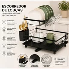 Escorredor de Louça 1 Andar Aço Carbono Preto com Porta Talheres e Copos para Pia ESC 06