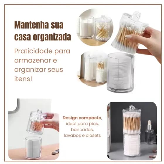 Porta Algodão e Cotonete Duplo em Acrílico Transparente | Organizador 2 em 1 com Tampa