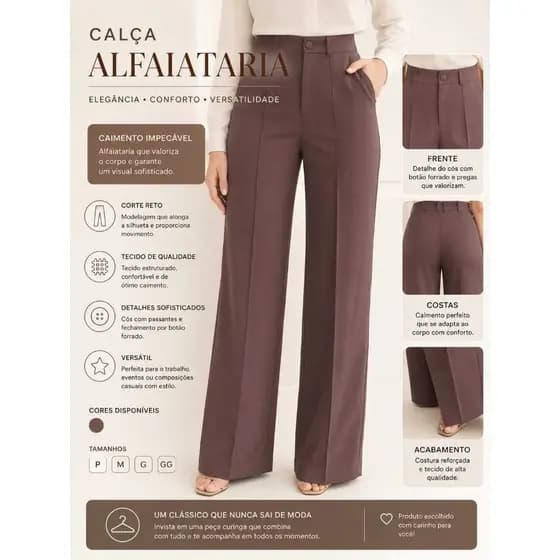 Calça Alfaiataria Feminina Wide Leg Cintura Alta