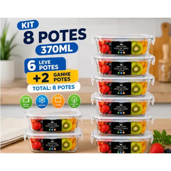 Kit 6 potes de vidro 370ml e ganhe 2 grátis