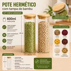 Pote com Tampa de Bambu Hermético 600ml Kit com 2 Unidades