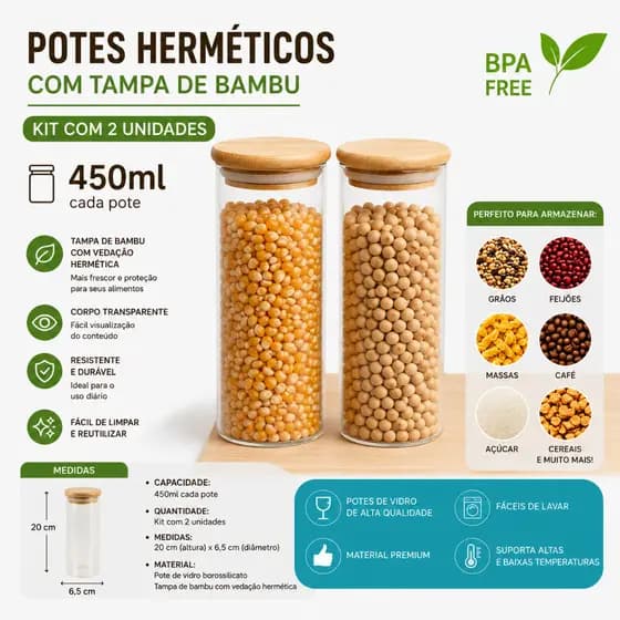 Pote de Vidro com Tampa Hermética de Bambu 450ml Kit com 2 Unidades