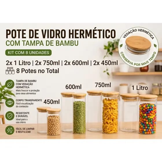 Kit 8 Potes Herméticos de Vidro Borossilicato com Tampa de Bambu