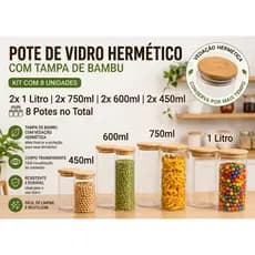 Kit 8 Potes Herméticos de Vidro Borossilicato com Tampa de Bambu