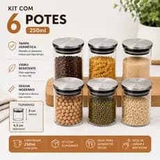 Pote Vidro Hermético 250ml Tampa Inox Kit 6 unidades