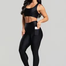 Conjunto Feminino Fitness Poliamida Metalic Com Bolso Calça e Top Preto