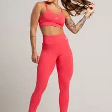 Conjunto Feminino Fitness Básico Poliamida Calça e Top Coral