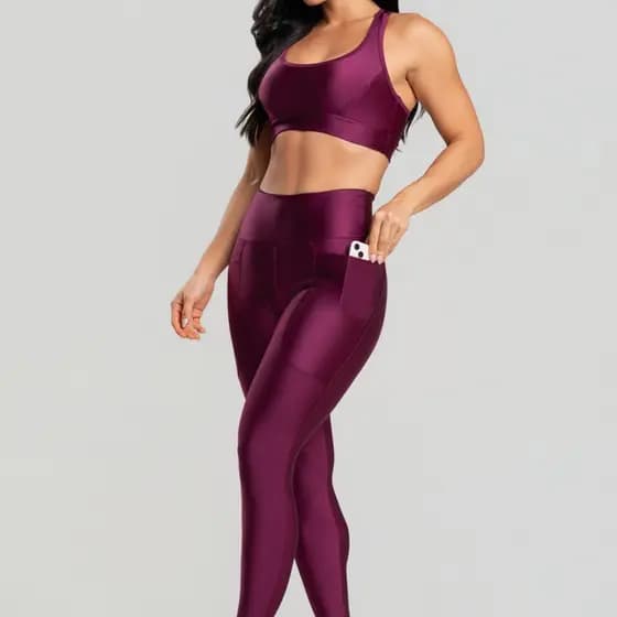 Conjunto Feminino Fitness Poliamida Metalic Com Bolso Calça e Top Malbec