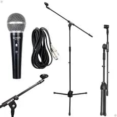 Microfone Com Cabo 3M + Pedestal Para Igrejas Palestras Karaoke Shows