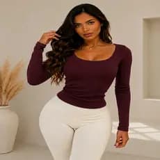 Blusa Feminina Manga Longa Canelada Decote Redondo Ribaninha Premium Segunda Pele Inverno