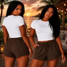 Shorts Feminino Canelado Cintura Alta Elástico Confortável Com Cordao