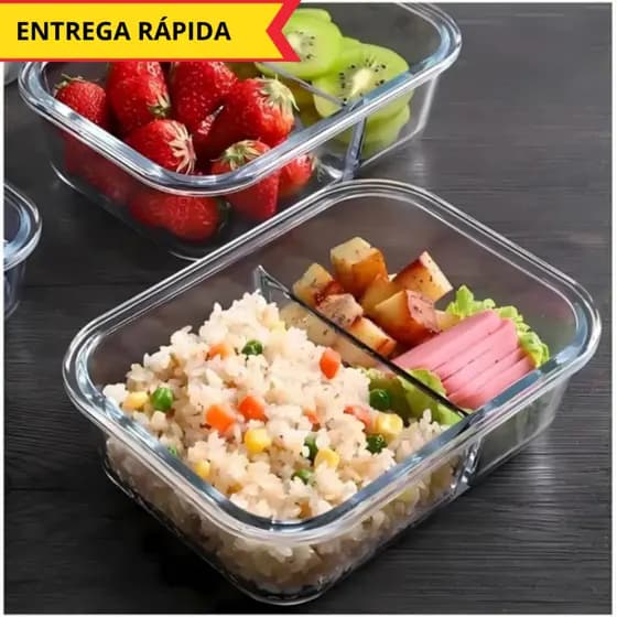 Pote de Vidro Hermético com Divisória 1040ml Grande Tampa Vedação Refeição Marmita Cozinha