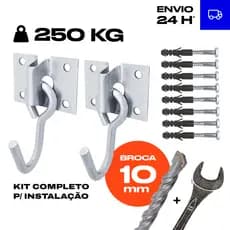 Kit Par Gancho Rede De Descanso Armador Aço Reforçado C/ Parafusos E Buchas + Broca, 250Kg, Zincado