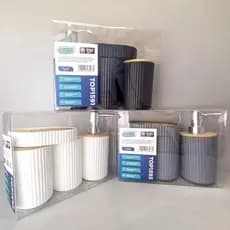 kit 4pcs Master Clean Bambu Banheiro Design Canelado Lavabo Completo Porta escova Sabonete Líquido
