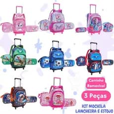 kit Mochila 3 Peças Bolsa Escolar de Rodinha com Alças Menina e Menino Reforçada Personagens 3d