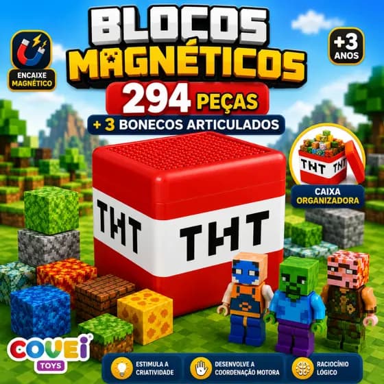 Blocos Magnéticos 294  + Caixa TNT  Brinquedo Educativo de Montar Construção Criativa para Presente