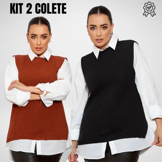 KIT 2 Max Colete Feminino Pullover Tricot Gola Redonda Sem Manga Inverno Casual Elegante Blusa Feminina