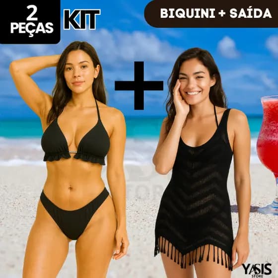 Kit Conjunto de biquini Asa Delta +  Saida de praia Vestidinho KIT Praia Trikini Feminino Roupa de Banho Piscina Verão