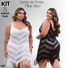 KIT 2 SAIDA DE PRAIA PLUS SIZE CURTA - COM FRANJA- ALCINHA AJUSTÁVEL - VESTIDO TRICOT PRAIA PLUZ SISE  - VESTE 46 ao 52