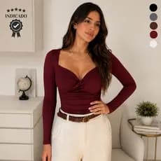 Blusa Drapeada Feminina Decote Franzido Tecido Leve Segunda Pele Look Básico Elegante Casual reto