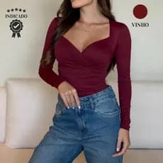Blusa Feminina Manga Longa Drapeada decote Quadrado Transpassado Coração Elegante Estilosa frio