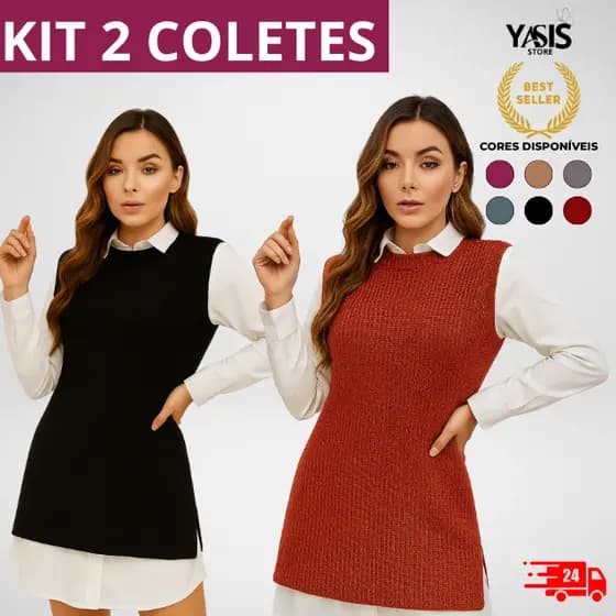 KIT 2 Colete Feminino Max Tricot Pullover Gola Redonda Sem Manga Inverno Casual Elegante Blusa Feminina