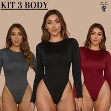 KIT 3 Body Suplex Manga Comprida Segunda Pele Decote Careca bory manga longa Elegante blusa de frio feminina estilosa