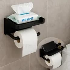 Porta Papel Higiênico Adesivo Preto ABS com Suporte para Celular Sem Furos Moderno Banheiro