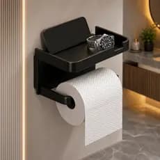 Suporte Papel Higiênico Adesivo Preto Banheiro com Prateleira Porta Celular lenço umidecido