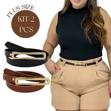 Kit 2 Cintos Feminino Plus Size Veste 44 ao 54 Fino Delicado Para Vestido Calça Social Fivela Dourada Comprida