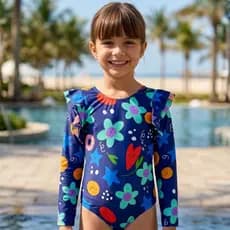 Maiô Manga Longa Infantil Menina Babado Ombro Luxo Moda Praia Tamanho 4 a 10
