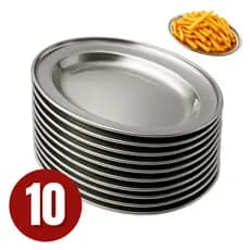 Kit 10 Bandeja Travessa de Inox 29cm Oval Porção Grande Restaurante Cozinha Industrial Rasa