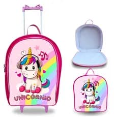 Mochila Escolar Rodinha Feminina Unicórnio + Estojo + Lancheira Térmica Kit completo