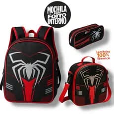 Mochila Infantil Escolar Aranha Menino Lancheira Térmica + Estojo + Mochila com forro interno