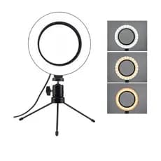 Iluminador ring light de mesa 6 polegadas com tripé diâmetro 15 cm 3 cores 10 níveis