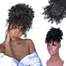 Aplique Coque Afro Puff Com Franja Fibra Orgânica Idêntico ao Humano