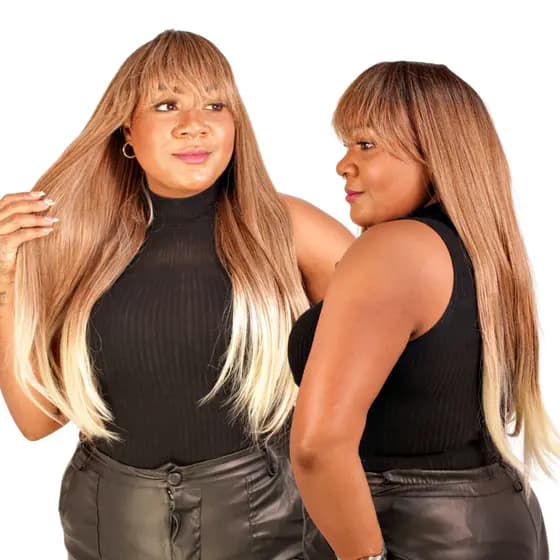 Peruca Lisa com Franja Aceita Fonte de Calor 65cm Ombre Loira Hair