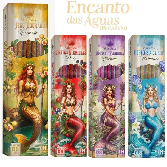 Incenso Vila Zen Linha Encanto das Águas 0% Carvão Caixas com 8 Varetas Vegano