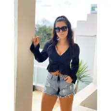 Blusa feminina manga longa cropped malha lese com gripo na frente (AFS818)