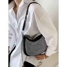 Bolsa baguette meia lua com brilho de festa strass cravejado feminina tiracolo de ombro alça corrente cade#3026-1(004)