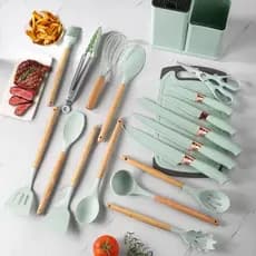 Mini Kit Completo Jogo Utensílios de Cozinha Luxo 19 Peças Com Tábua em Silicone Espátula Faca Tesoura 890g