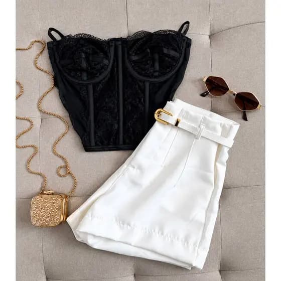 Conjunto Feminino Verão Cropped Corselet Renda  e Short Alfaiataria Com Cinto Cintura Alta Outono Inverno