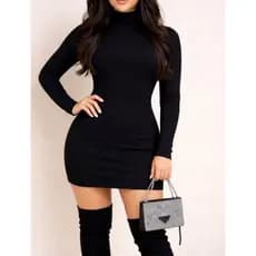 Vestido Curto Canelado Feminino Gola Alta Manga Longa — Vestido Tubinho Modal Ajustado Inverno Elegante Em Alta  Festas