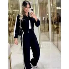 Conjunto Feminino Elegante Calça Larga e Blusa Cropped manga longa ziper Luxo Em Alta Tendência Moda Estilo