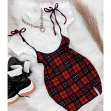 Salopete Xadrez Vermelha Vestido Xadrez Conjunto Xadrez