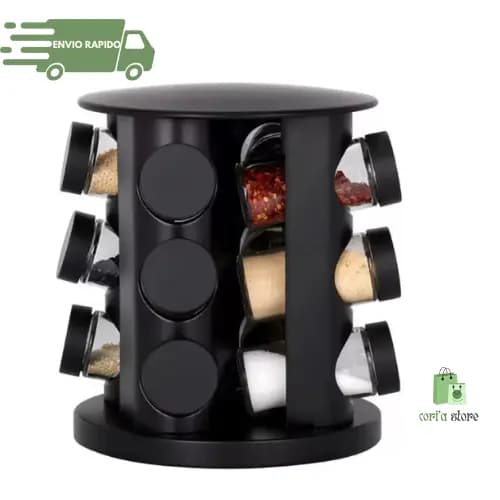 Porta Temperos E Condimentos Giratório Com 9 Potes De Vidro Cor Preto