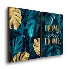 Kit 2 Quadros Decorativos Folhagem Home Sweet Home Blue Aconchego Sala Casa 50x70cm