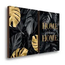 Kit 2 Quadros Decorativos Folhagem Home Sweet Home Black Elegante Sala Casa 50x70cm
