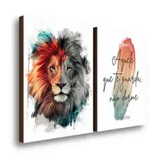 Kit 2 Quadros Decorativos Leão Pincelado com Frase Inspiradora Sala Casa 50x70cm