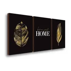 Kit 3 Quadros Decorativos Folhagem Home Ouro Sofisticado Elegante Sala Casa 40x60cm